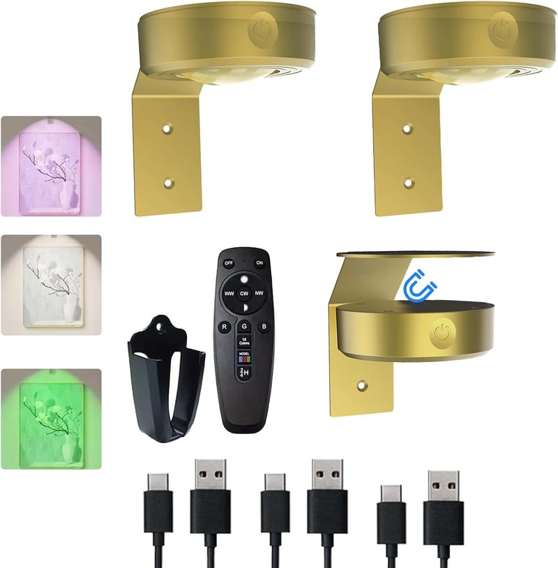 VIGMOJ 3 قطع ضوء رسم بالبطارية مع جهاز تحكم عن بعد، 16 لون RGB مغناطيسي LED بقعة ضوء لعرض إطار الصورة، ديكور حائط منزلي، ذهبي - Image 1